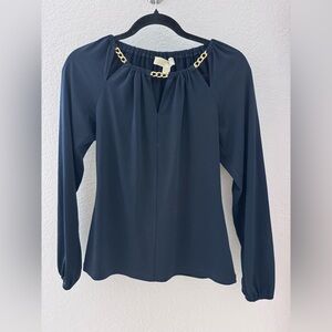 Michael Kors Navy Blouse with Gold Chain Accent